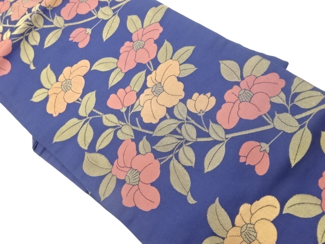 椿に葉模様織出し名古屋帯